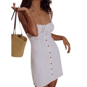Commense Women's Large White Darling Linen Plain Button Up Mini Dress